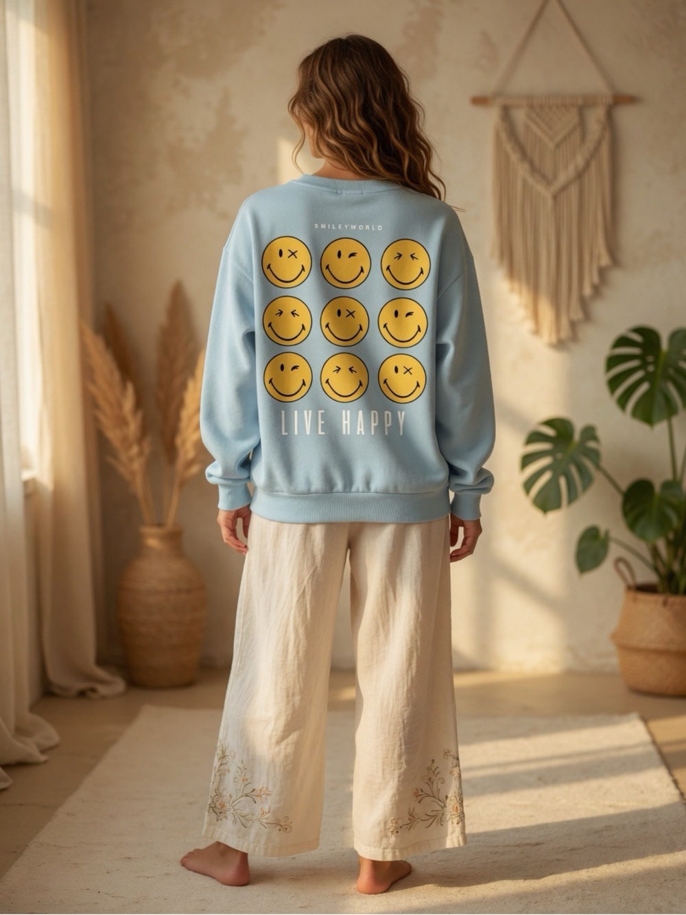 Light Blue "Live Happy" Smiley Sweatshirt